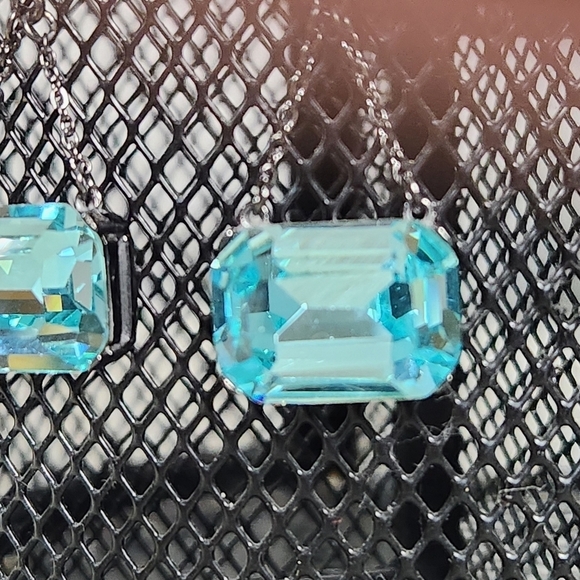 Emerald Cut 14.20ct Sea Blue Aquamarine Gunmetal Statement Dangle Earrings - Picture 4 of 9